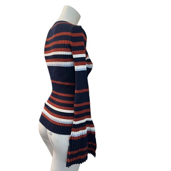 Bar Iii Womens Medium Flared Sleeve Pullover Sweater Blouse Navy Blue Rust NWT - Picture 4 of 6